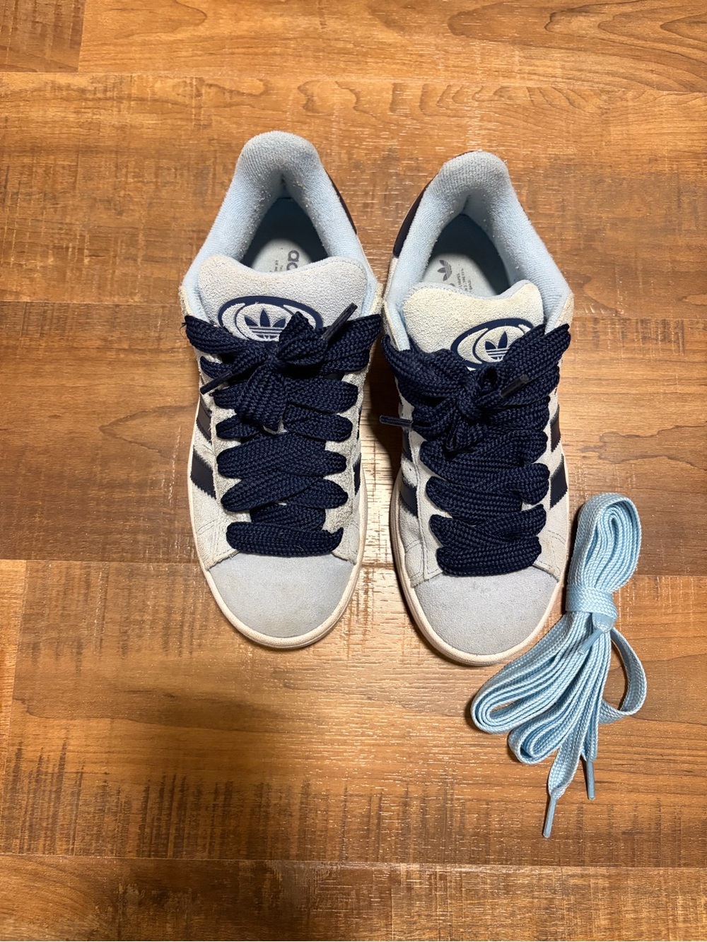 Adidas Campus Sneakers in Light Blue & Navy w/ Extra Light Blue Laces